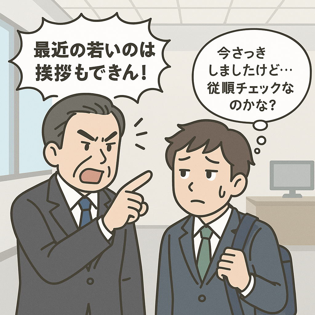 オフィスの一角で若手社員が「おはようございます」と挨拶するも、上司は無表情で無反応。若手が困惑している様子を描いたアニメ風イラスト