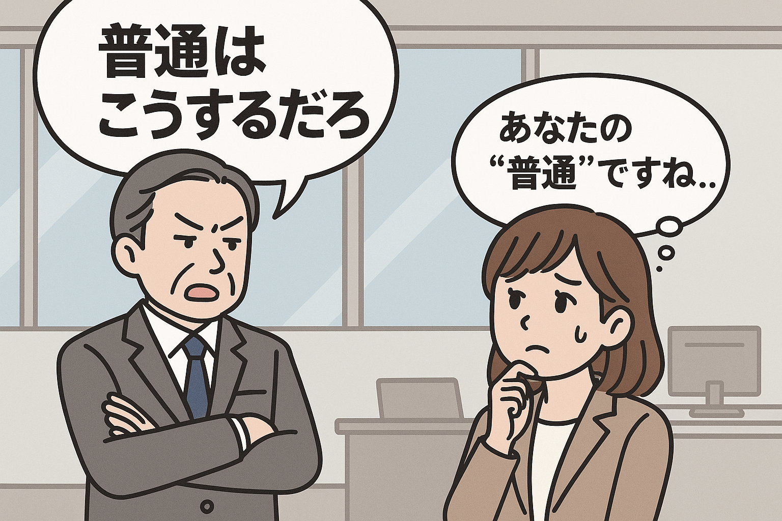上司から「普通はこうするだろ」と言われ、困惑した表情を浮かべる若手女性社員のアニメ風イラスト