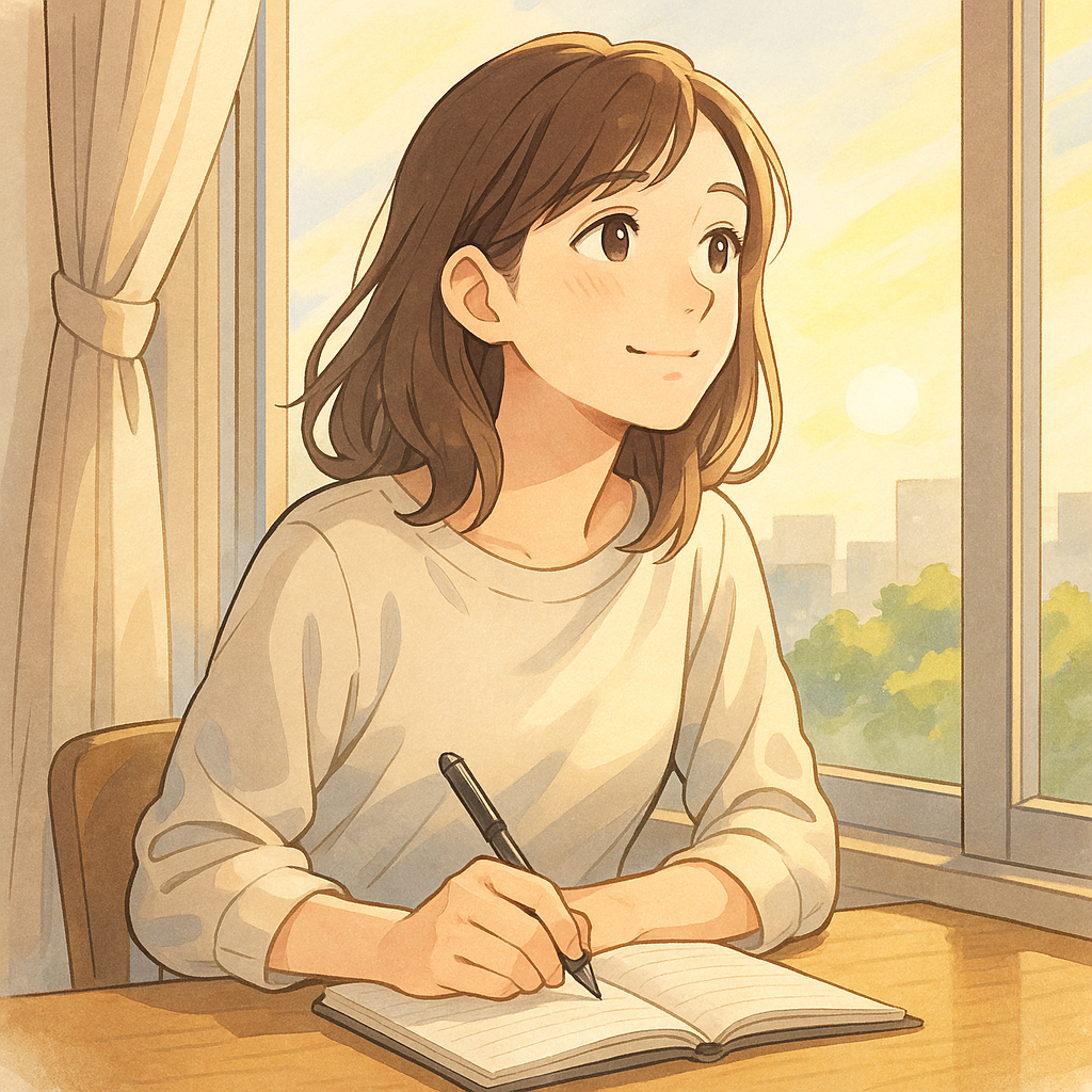 窓辺で朝日を浴びながら未来を想像し、ノートに思いを書き綴る若手女性のアニメ風イラスト。静かで希望に満ちた表情が特徴的。