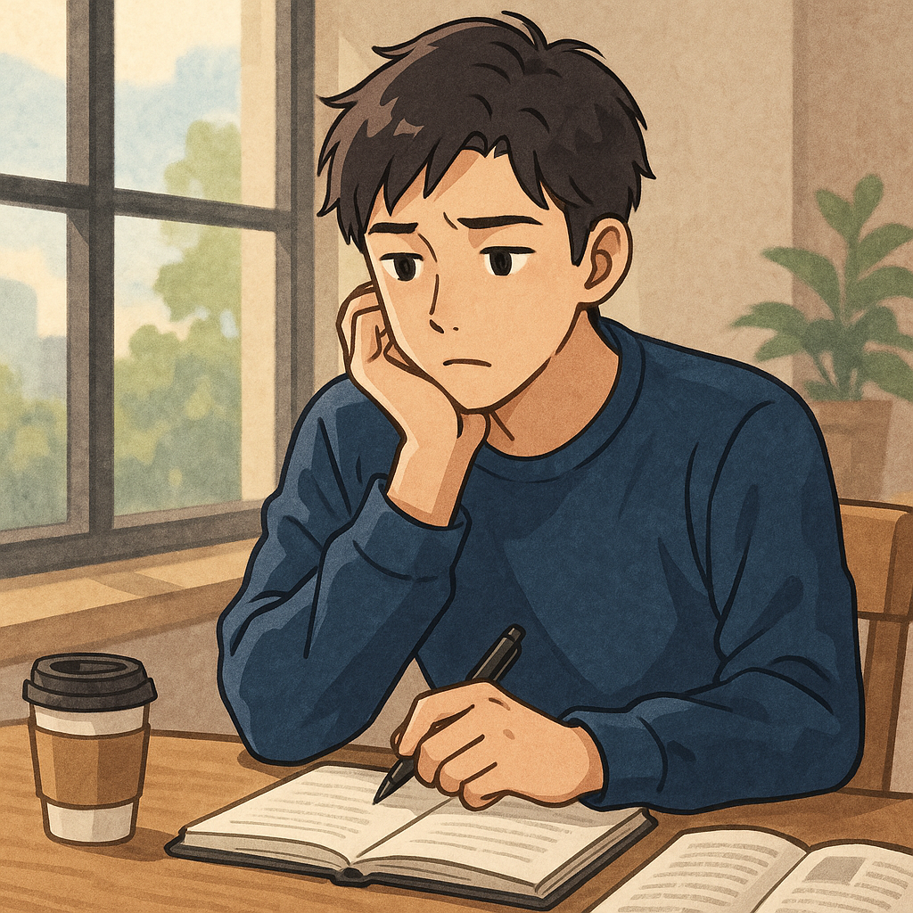 ノートと本を前に、静かなカフェで真剣に考え込む若手男性のアニメ風イラスト。経験・知識・環境について思いを巡らせる内省の時間。