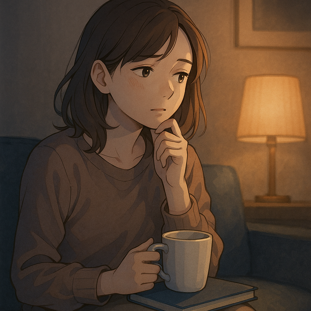 静かな夜、自宅のソファでマグカップを手に、自分の感情と向き合っている女性のアニメ風イラスト。表情には少しの疲れと、小さな気づきの兆しがにじむ。
