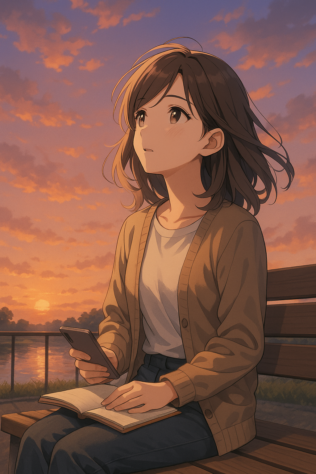 夕暮れ時の川辺でベンチに座り、ノートとスマホを手に空を見上げる女性のアニメ風イラスト。感情の記憶を思い出すような静かな表情が印象的。