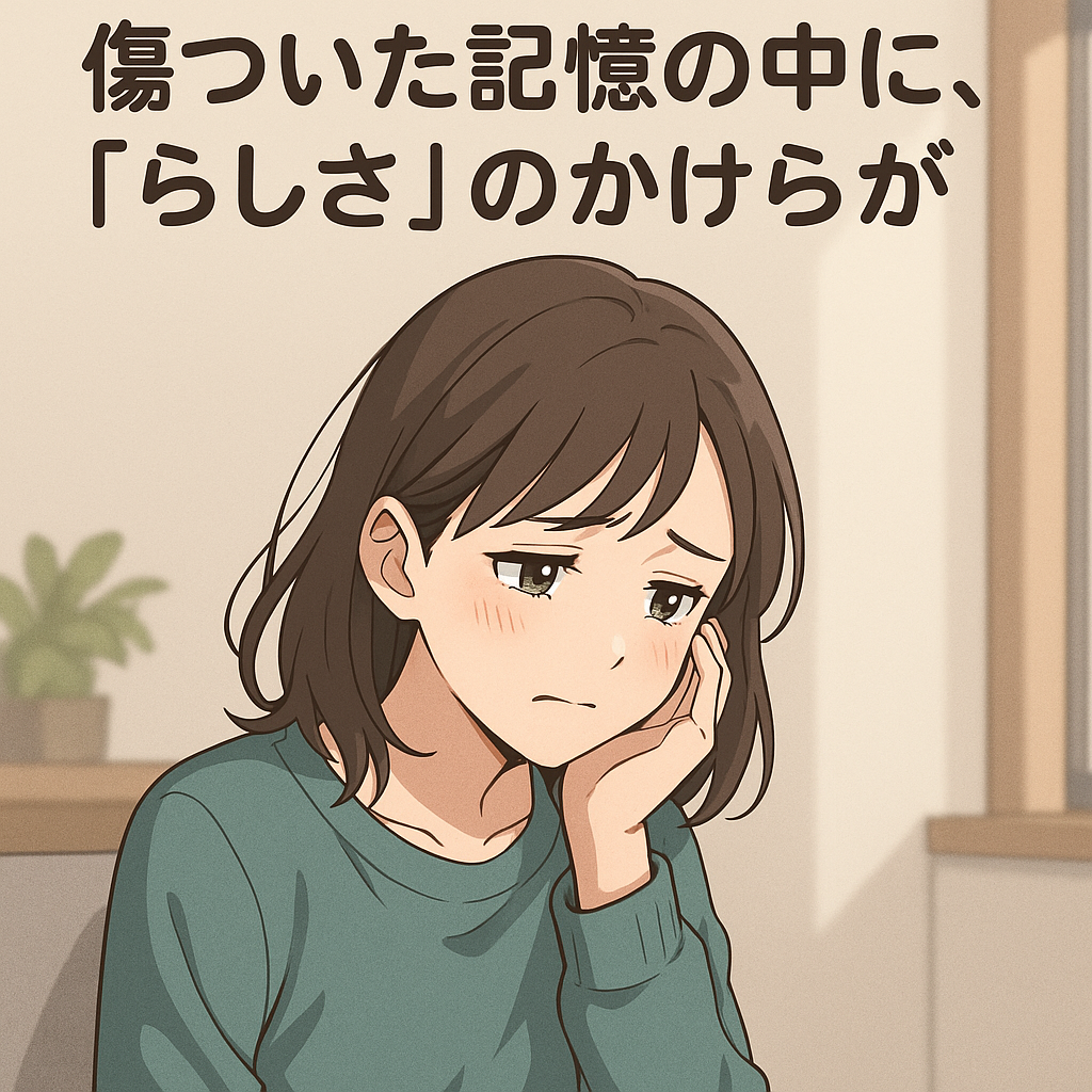 夜の室内でひざにノートを置き、静かに過去を思い返す女性のアニメ風イラスト。あたたかな間接照明の中で、表情には傷にそっと向き合う穏やかさが漂う。