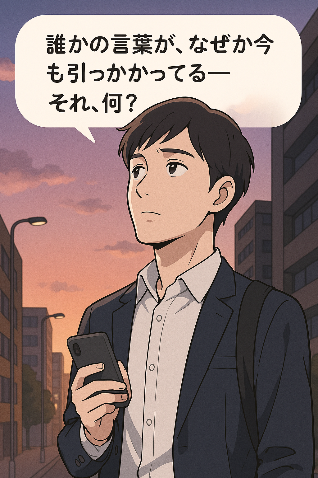 夕暮れの街角に佇み、考えごとをしている若い男性のアニメ風イラスト。心に引っかかる誰かの言葉を思い出しているような表情。