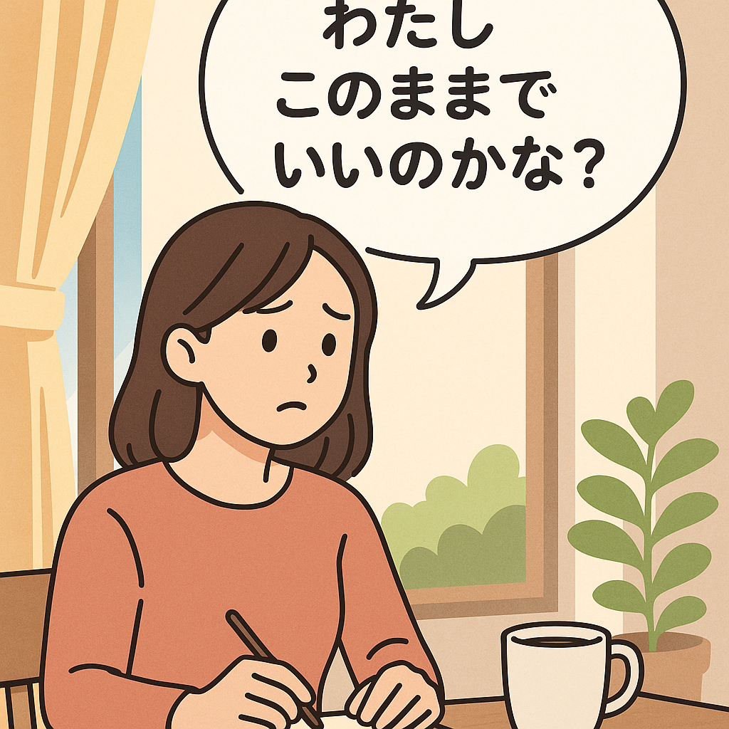 朝の自然光が差し込む静かな部屋で、ノートを開き「わたしこのままでいいのかな？」と考えている表情の女性アニメキャラクター。