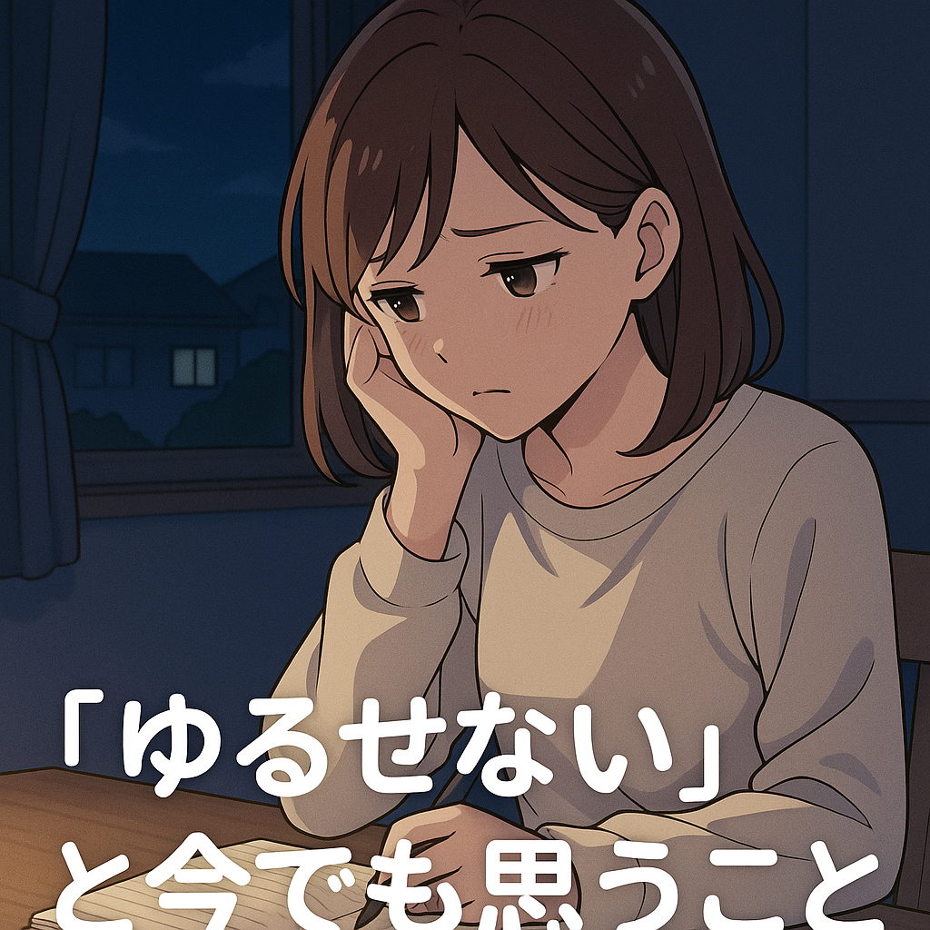 夜の静かな部屋で、椅子に座って膝を抱えながら静かに目を伏せている女性のアニメ風イラスト。心に残る「ゆるせない」記憶を見つめる姿。
