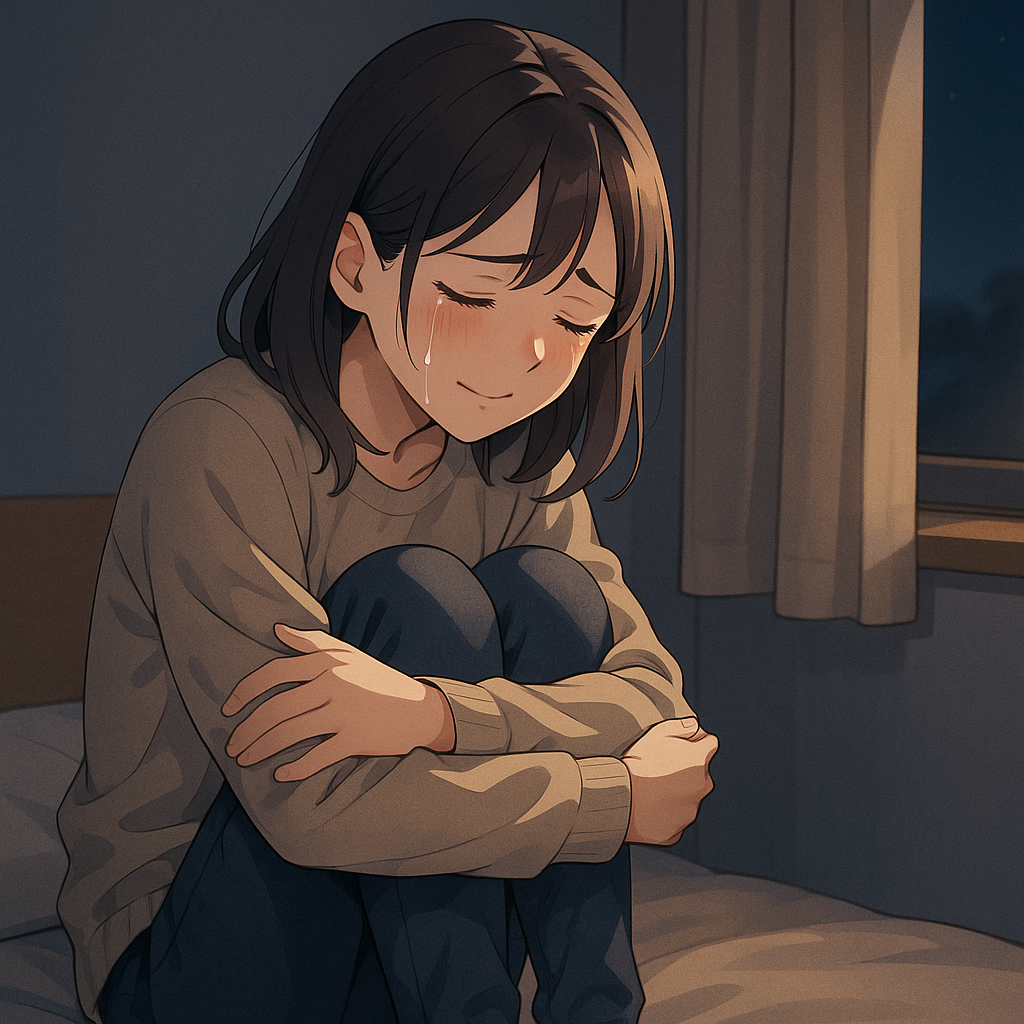 夜の柔らかな光に包まれながら、ベッドの端で静かに涙を流しつつ微笑む女性。癒やされなかった過去の痛みに向き合い、今の自分で寄り添おうとしている様子を描いたアニメ風イラスト。