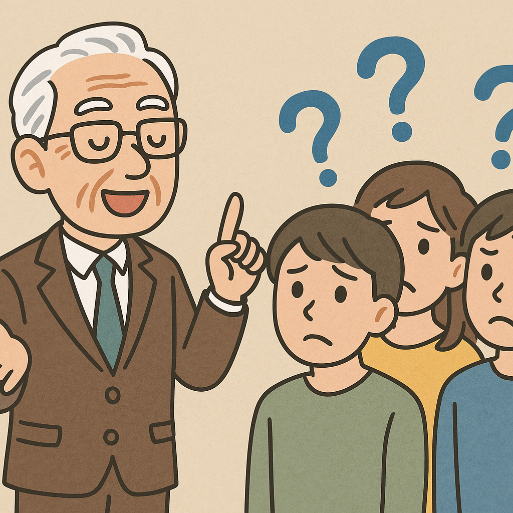 スーツ姿の高齢男性が自信満々に話している一方、聴衆の若者たちは頭の上に「？」を浮かべながら困惑しているイラスト。伝えている側と受け取る側の認識のズレを描写。