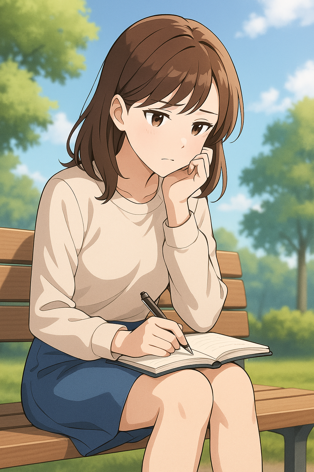公園のベンチに座り、ノートを見つめながら静かに考え込む若い女性のアニメ風イラスト。春の陽射しを浴びながら、自分にとって本当に必要な我慢かどうかを見つめ直す場面を表現。