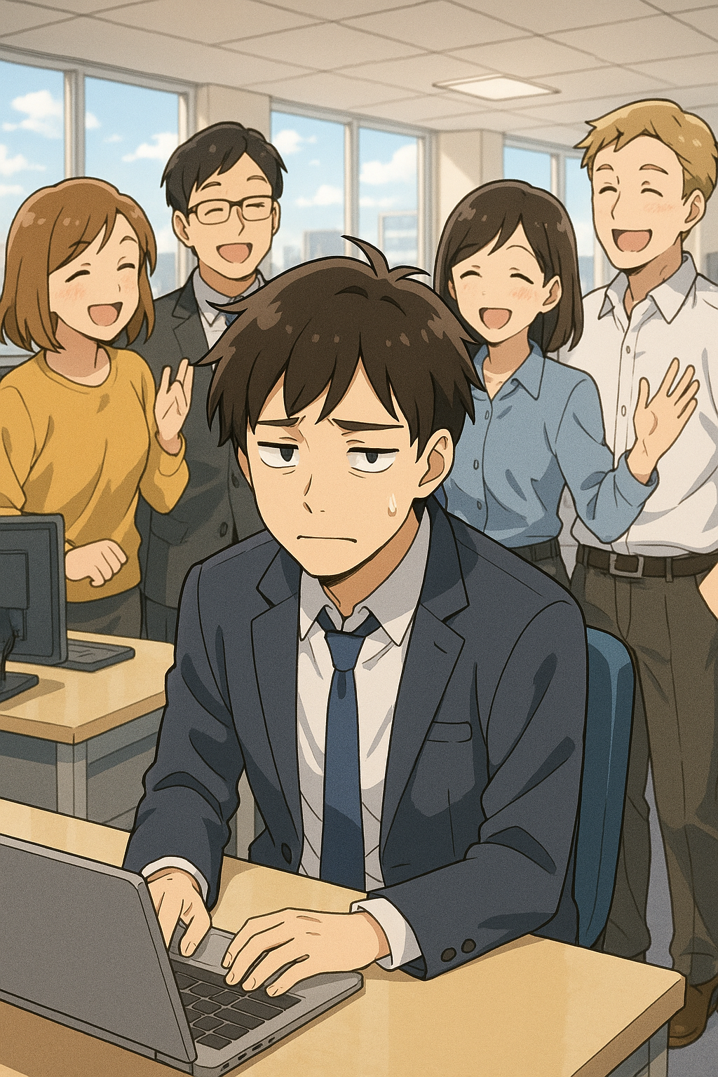 にぎやかなオフィスで、疲れた表情を浮かべながら合わせ笑いをしている若者のアニメ風イラスト