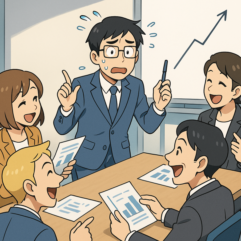 会議でホワイトボードを使って説明しようとする真面目な若者が、周囲のテンポとズレて空回りしている様子を描いたアニメ風イラスト