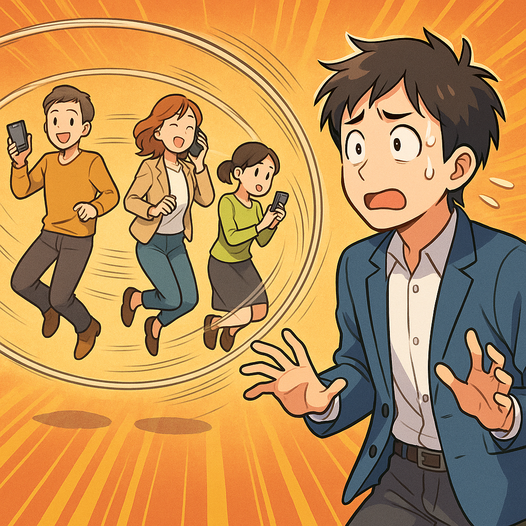 周囲の人々が高速で縄跳びをこなしながらスマホや会話もこなす中、ひとりだけ縄跳びの外で戸惑い立ちすくむ若者を描いたアニメ風イラスト