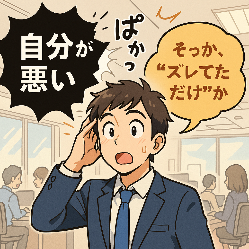 「自分が悪い」と書かれた黒い吹き出しが破れ、「そっか、“ズレてただけ”か」と気づく若者を描いたオフィス風のアニメ風イラスト。