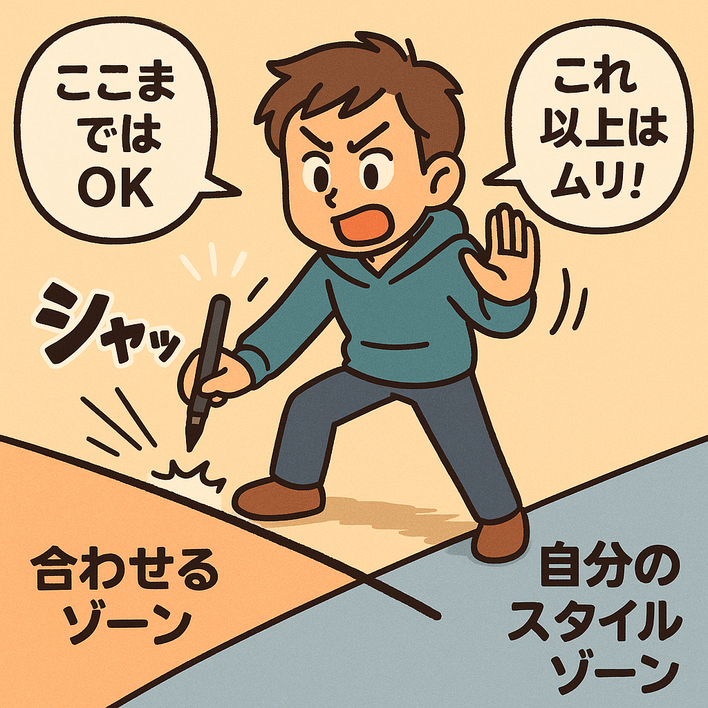 「合わせるゾーン」と「自分のスタイルゾーン」の間に線を引き、「ここまではOK」「これ以上はムリ！」と叫ぶ若者を描いたコミカルなイラスト